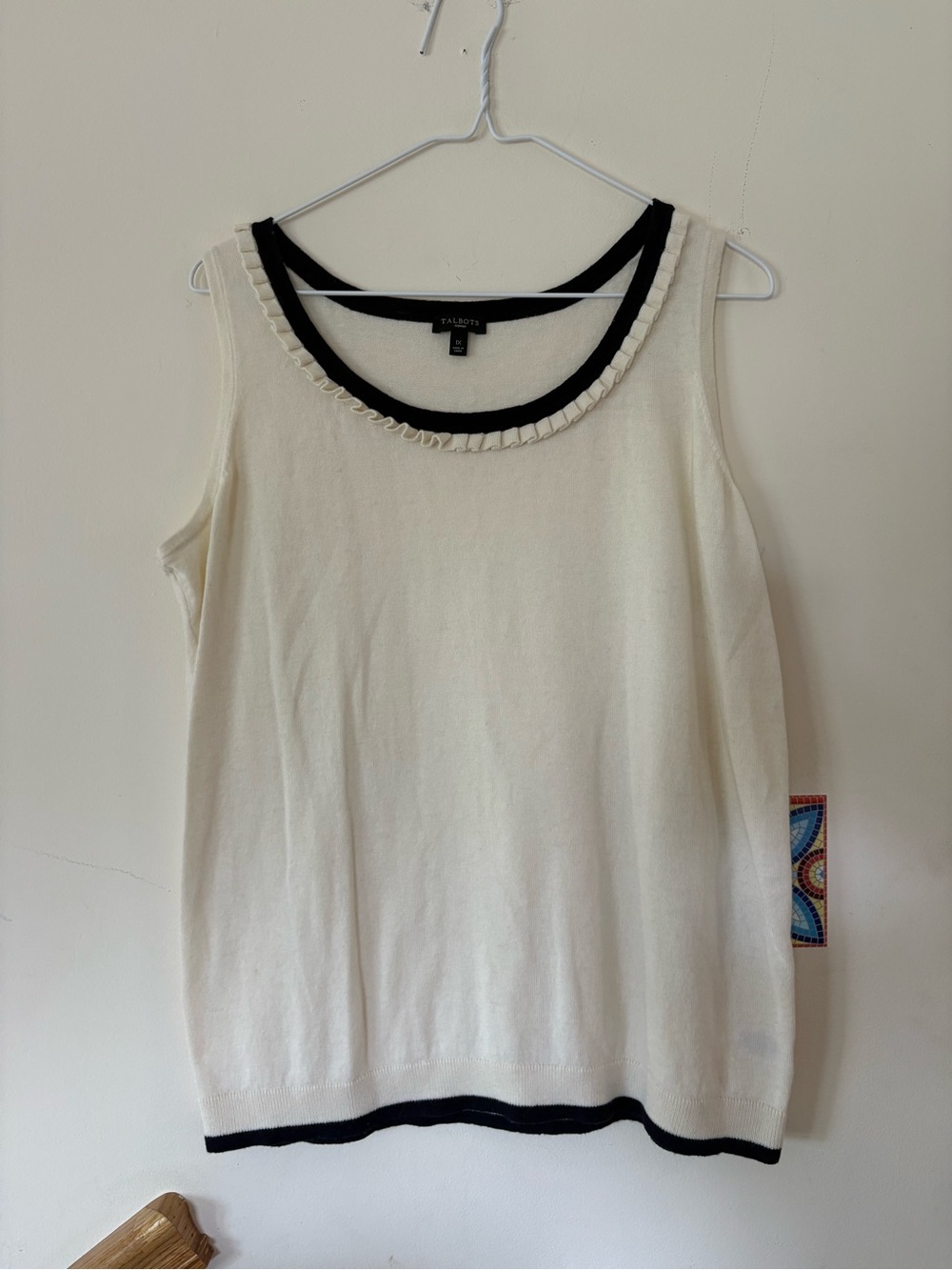 Talbots Cream Sleeveless Knit Top with Black Trim